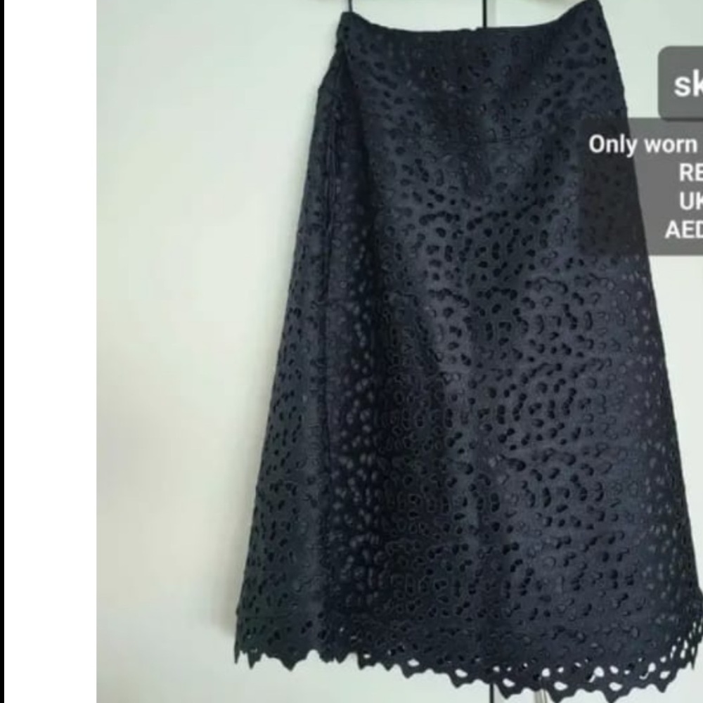 Reiss Navy Blue Laser-Cut Lace A-Line Midi Skirt Scalloped Hem Size US 6 / M
